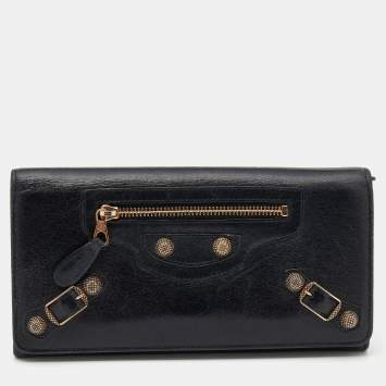 Pre Owned Balenciaga Black Leather City Flap Continental Wallet