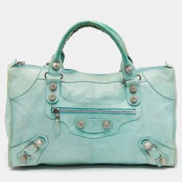 Pre Owned Balenciaga Mint Green Leather Giant 21 Silver Work Tote