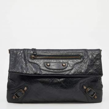 Pre Owned Balenciaga Black Leather Giant 12 Antique Brass Envelope Clutch
