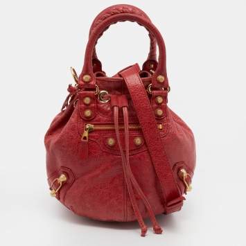 Pre Owned Balenciaga Red Leather GGH Pompon Bag