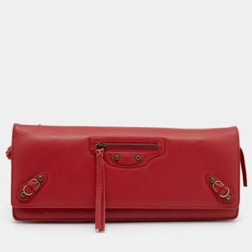 Pre Owned Balenciaga Red Leather Papier Wand Long Clutch