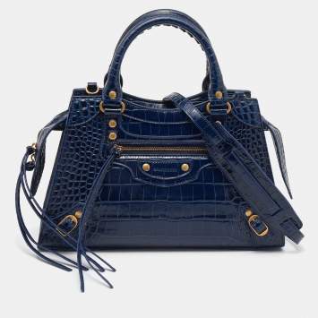 Pre Owned Balenciaga Navy Blue Croc Embossed Small Neo Classic City Satchel