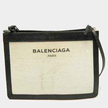 Pre Owned Balenciaga White/Black Canvas and Leather Medium Navy Pouch Crossbody Bag