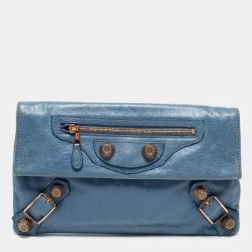 Pre Owned Balenciaga Blue Leather GGH Envelope Clutch 