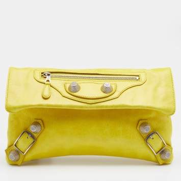 Pre Owned Balenciaga Yellow Leather Giant 21 Silver Envelope Clutch