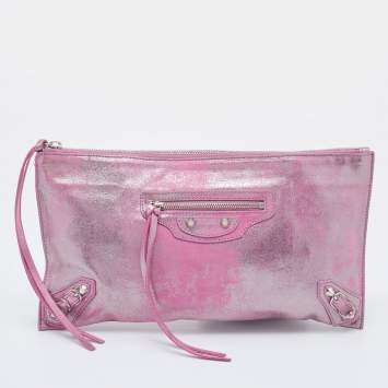 Pre Owned Balenciaga Pink Metallic Leather Milky Way Papier Clutch