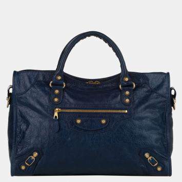 مملوكة مسبقًا Balenciaga Blue Motocross Giant 12 City Lambskin Leather Satchel
