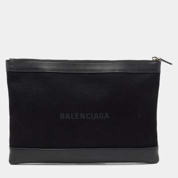 Pre Owned Balenciaga Black Canvas and Leather Medium Navy Clip Pouch