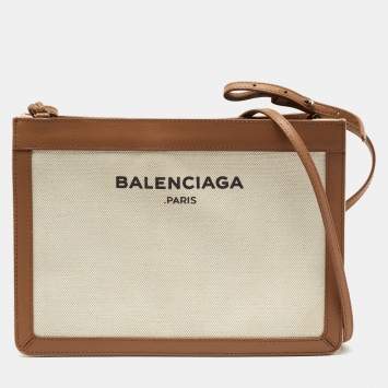Pre Owned Balenciaga Brown/Off White Leather And Canvas Pochette Crossbody Bag