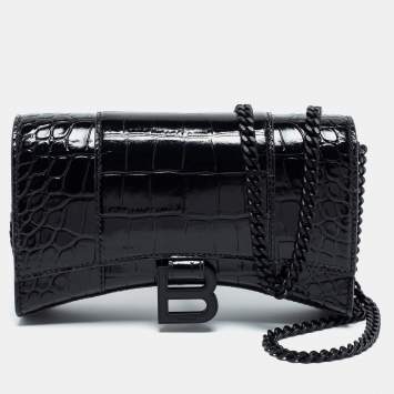 Pre Owned Balenciaga Black Croc Embossed Leather Hourglass Wallet On Chain