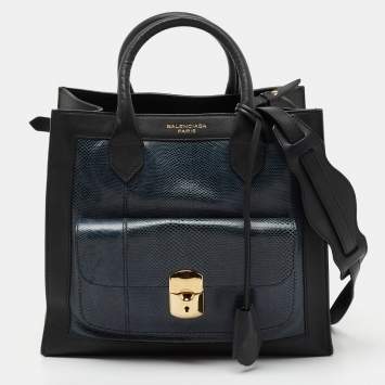 Pre Owned Balenciaga Navy Blue/Black Lizard and Leather Padlock All Afternoon Tote