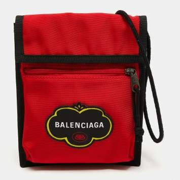 Pre Owned Balenciaga Black/Red Nylon Explorer Pouch Crossbody Bag