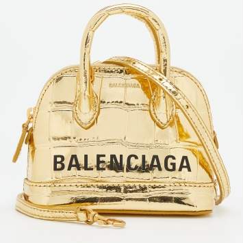 Pre Owned Balenciaga Metallic Gold Croc Embossed Leather Mini Ville Satchel
