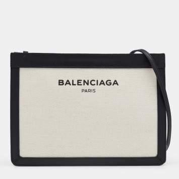 Pre Owned Balenciaga Off-White/Black Canvas And Leather Navy Pochette Shoulder Bag