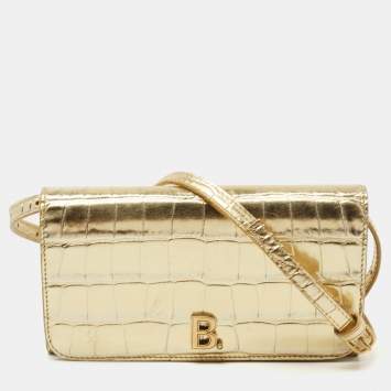 Pre Owned Balenciaga Gold Cro Embossed Leather Crossbody Bag