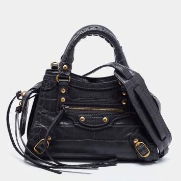 Pre Owned Balenciaga Grey Croc Embossed Leather Mini Neo Classic Tote