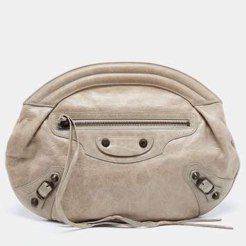 Pre Owned Balenciaga Grey Leather Motorcross Classic Oval Clutch 