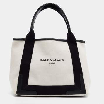 Pre Owned Balenciaga Off White/Black Printed Canvas and Leather Small Cabas Tote
