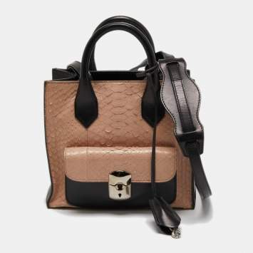 Pre Owned Balenciaga Black/Peach Leather and Snakeskin Mini Padlock All Afternoon Tote