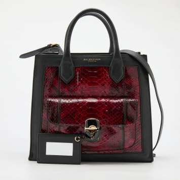 Pre Owned Balenciaga Black/Burgundy Leather and Python Padlock All Afternoon Tote