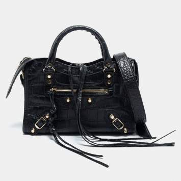 Pre Owned Balenciaga Black Croc Embossed Leather Mini City Tote