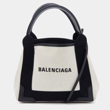 Pre Owned Balenciaga Black/Beige Leather and Canvas XS Cabas Tote