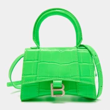 Pre Owned Balenciaga Neon Green Croc Embossed Leather Nano Hourglass Top Handle Bag