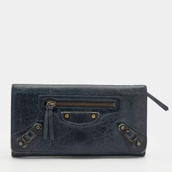 Pre Owned Balenciaga Blue Leather Classic Hardware Money Wallet