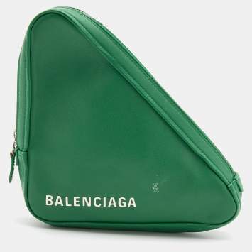 Pre Owned Balenciaga Green Leather Triangle Zip Clutch