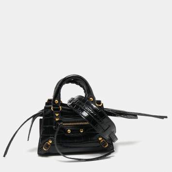Pre Owned Balenciaga Black Croc Embossed Nano Neo Classic Tote