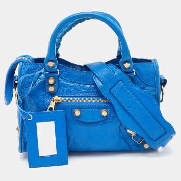Pre Owned Balenciaga Blue Leather Giant 12 Gold Hardware Mini City Tote