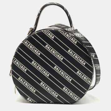 Pre Owned Balenciaga Black Leather Logo Round Bag