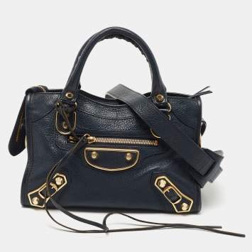 Pre Owned Balenciaga Bleu Obscur Leather Mini Classic Metallic Edge City Bag