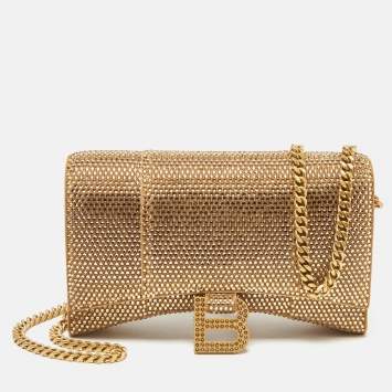 Pre Owned Balenciaga Brown Crystal Embellished Suede Hourglass Wallet on Chain