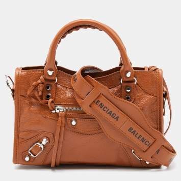 Pre Owned Balenciaga Brown Leather Giant 12 Silver Hardware Mini City Tote