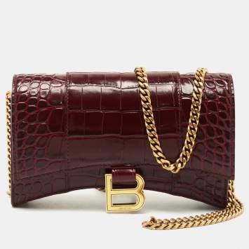 Pre Owned Balenciaga Burgundy Croc Embossed Leather Hourglass Wallet on Chain