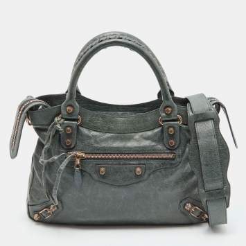Pre Owned Balenciaga Dark Green Leather Giant 12 Rose Gold Hardware Town Bag