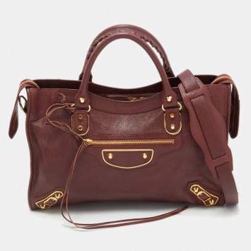 Pre Owned Balenciaga Burgundy Leather Giant 12 Gold Hardware City Tote