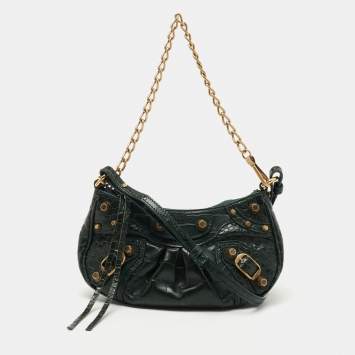 Pre Owned Balenciaga Green Croc Embossed Leather Mini Le Cagole Shoulder Bag