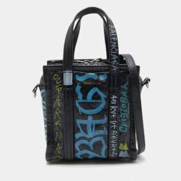 Pre Owned Balenciaga Black Graffiti Printed Leather Bazar Tote