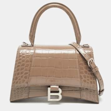 Pre Owned Balenciaga Beige Croc Embossed Leather Small Hourglass Box Top Handle Bag