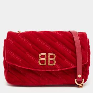 Pre Owned Balenciaga Red Velvet BB Chain Crossbody Bag