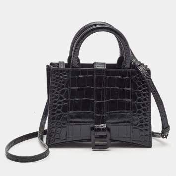 Pre Owned Balenciaga Black Croc Embossed Leather Hourglass XXS East West Tote