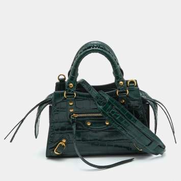 Pre Owned Balenciaga Green Croc Embossed Leather Mini Neo Classic Bag
