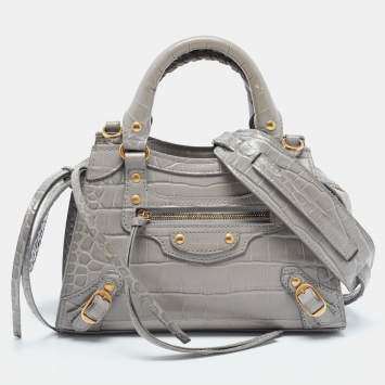 Pre Owned Balenciaga Grey Croc Embossed Leather Mini Neo Classic Bag