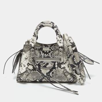 Pre Owned Balenciaga Black/White Python Embossed Leather Mini Neo Classic Tote