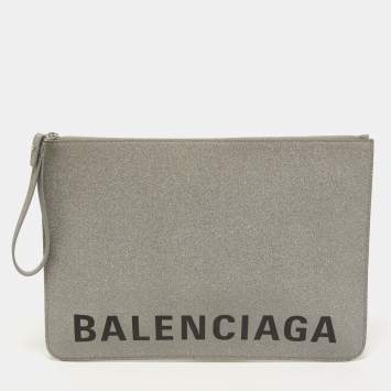 Pre Owned Balenciaga Grey Glitter Leather Ville Wristlet Pouch