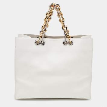 Pre Owned Balenciaga Off White Leather Chain Tote
