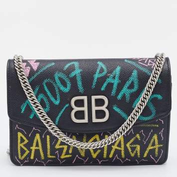 Pre Owned Balenciaga Black Printed Leather BB Flap Chain Clutch