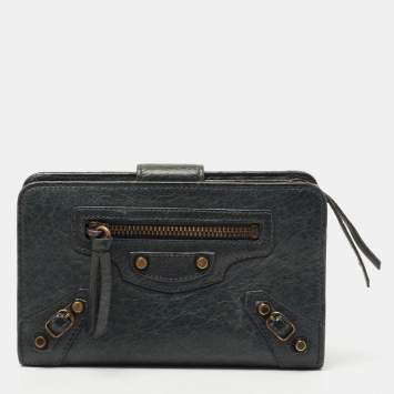 Pre Owned Balenciaga Dark Green Leather French Flap Wallet